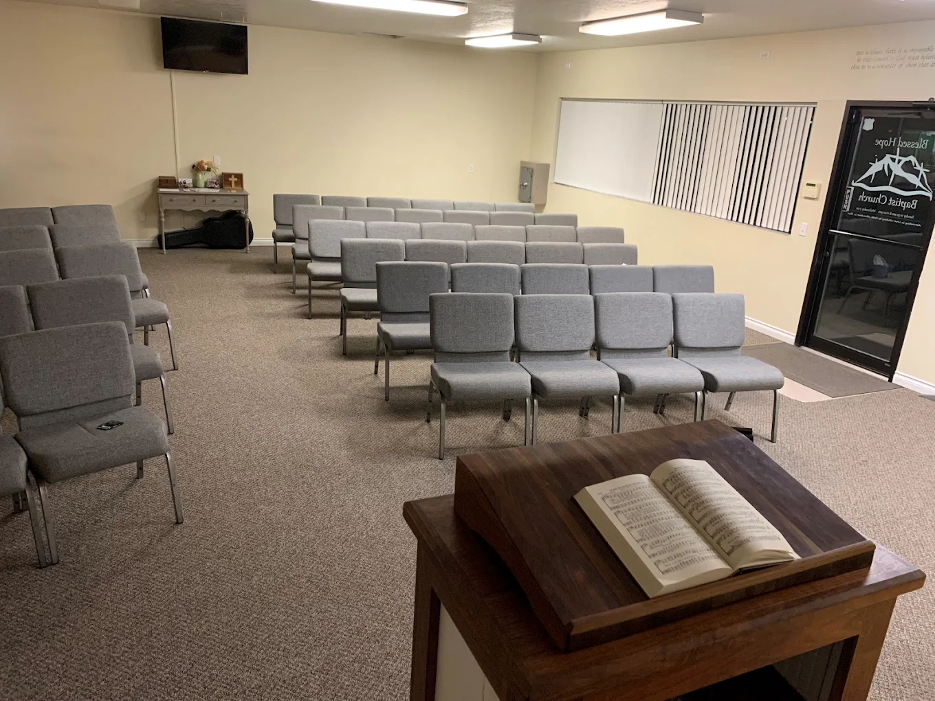 The Blessed Hope Baptist Church sanctuary, set up for worship